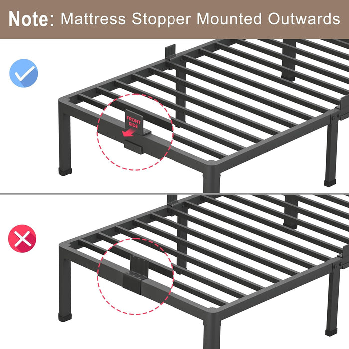 14 Inch King Size Bed Frame Metal Platform No Box Spring Needed with Headboard Hole round Corner Legs Mattress Stoppers Retainers 3500LBS Heavy Duty Steel Slats Noise-Free