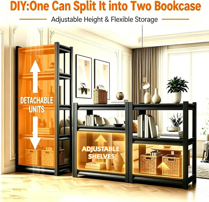 5 Tier Heavy Duty Metal Bookshelf with Adjustable Storage Shelf | Adjustable Boltless Industrial Black Bookcase, Reinforced Steel Frame Anti-Tip 72" Tall Bookcase for Home Office Living Room