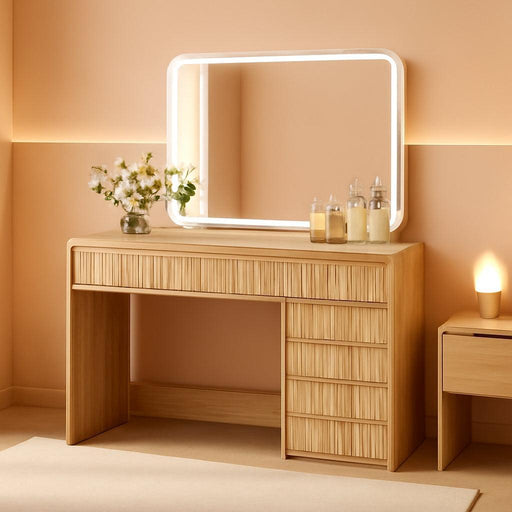 47“Makeup Vanity Desk with 44.8" Mirror and Lights, Vanity Desk with 7 Drawers, Makeup Vanity Table with a Glass Tabletop, 3 Color Modes & Adjustable Brightness Dressing Table, Bedroom,Oak