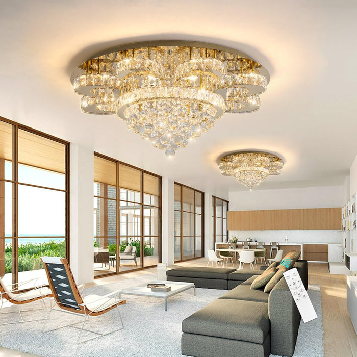 Modern Chandelier Living Room Glam Chandeliers Ceiling Light Fixture Remote Dimmable Lights 32 Inches Luxury Crystal Gold Light