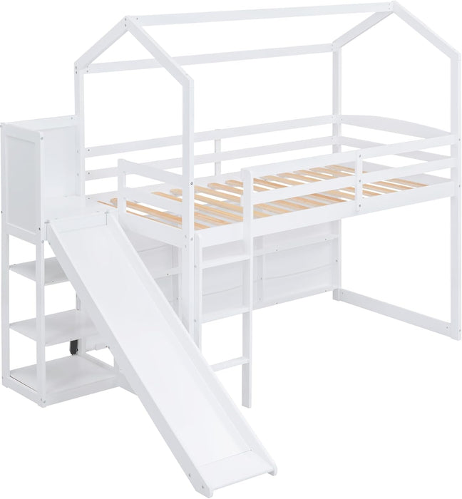 White Twin Loft Bed WithOverheadStorageCompartments