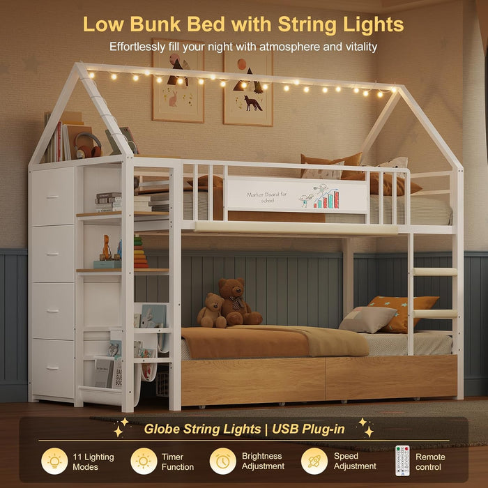 Bunk Bed Twin over Twin with Storage Drawers and Globe String Lights House Shaped Low Bunk Bed with Montessori Bookshelves Metal Bunk Beds for Kids with Ladder and Guardrail,Space Saving,White