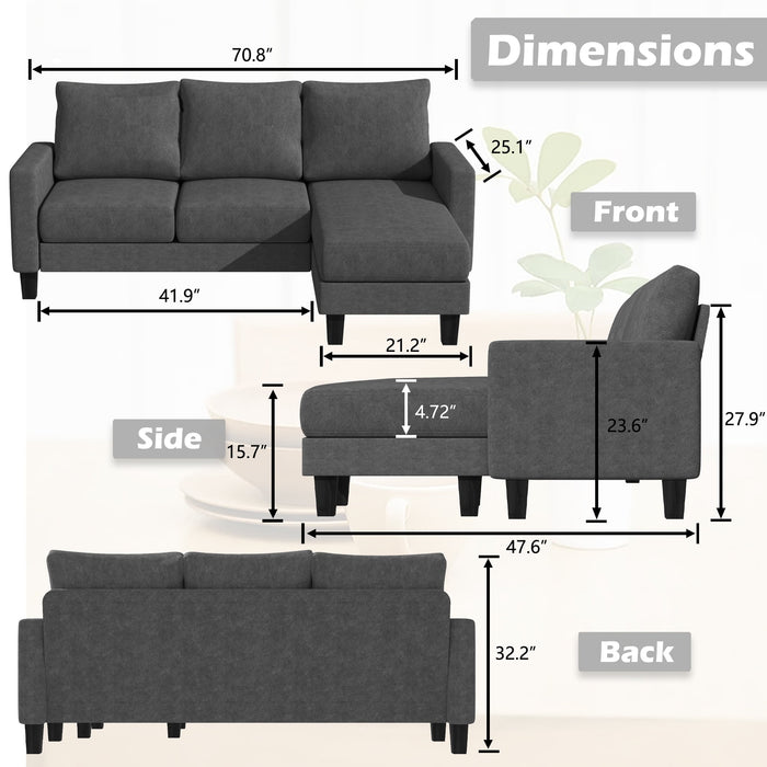 Convertible Sectional Sofa Couch, Modern Linen Fabric L-Shaped Couch 3-Seat Sofa Sectional with Reversible Chaise for Small Living Room, Apartment and Small Space, Dark Gray