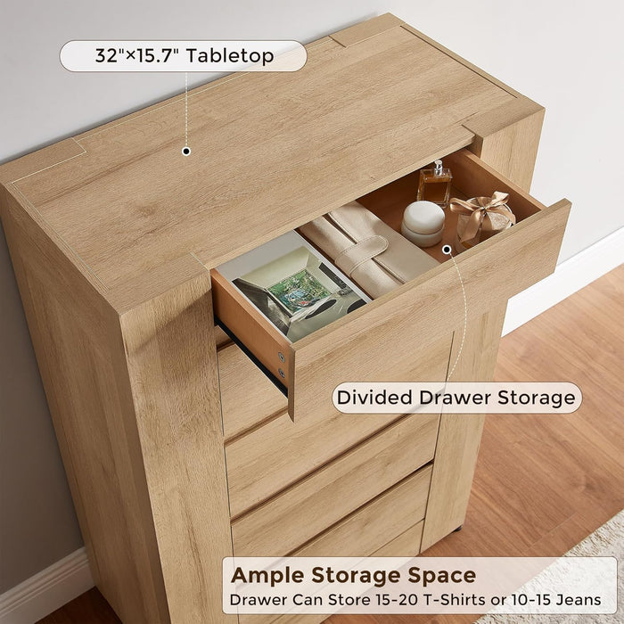 5 Drawer Dresser for Bedroom, 48" Tall Dresser Chest of Drawers with Thick Wood Design, Handleless, Modern Bedroom Dresser, Storage Organizer for Living Room/Entryway, Natural Oak