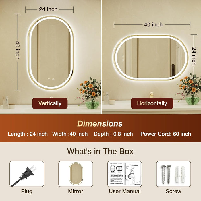 24X40 Inch Oval Gold Framed LED Bathroom Mirror with Lights, Wall-Mounted Mirror with Anti-Fog, 3 Color Temperature, Dimmable Brightness, Waterproof, Tempered Glass, Frontlit & Backlit