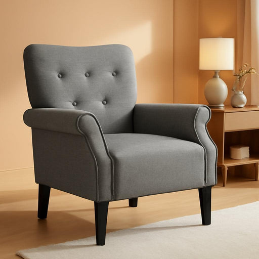 Modern Armchair, Mid Century Accent Chair with Sturdy Wood Legs and High Back for Small Space, Upholstered Fabric Sofa Club Chair for Living Room/Bedroom/Office, Dark Gray