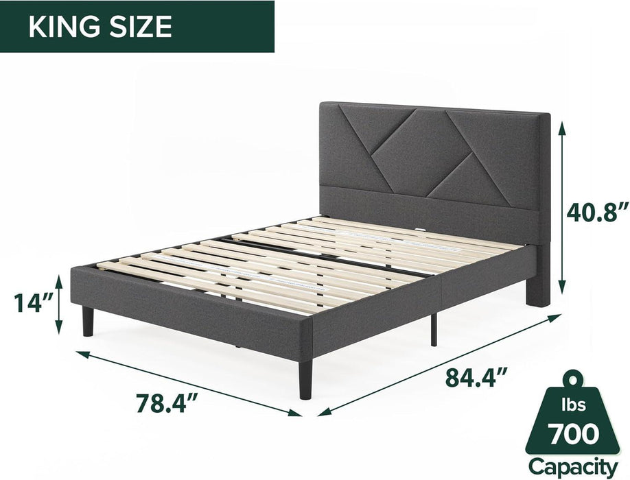 Judy Upholstered Platform Bed Frame, Mattress Foundation, Wood Slat Support, No Box Spring Needed, Eco Friendly Wonderbox (TM), Easy Assembly, Dark Grey, King