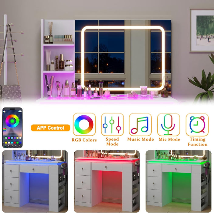 White Vanity Desk with Illuminated Mirror & Power Outlet, Bedroom Dresser LED Mirror Stepless Dimmable & 3 Color Modes Adjustable RGB Drawers, for Women Girls Bedroom, Pure White