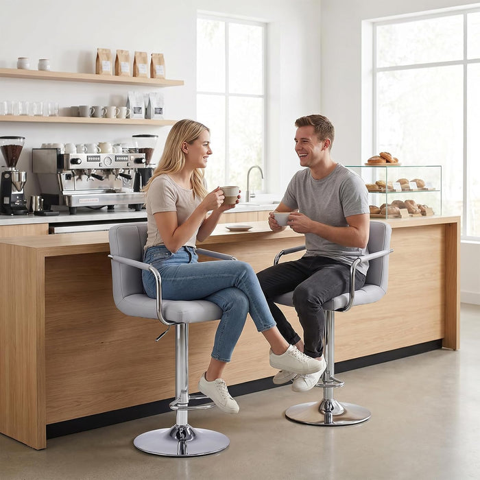 Bar Stools Set of 4, 24-26'' Adjustable Swivel Bar Chairs, Grey | PU Leather Counter Height Barstool with Back Support & Armrest for Kitchen Island, Dining Room