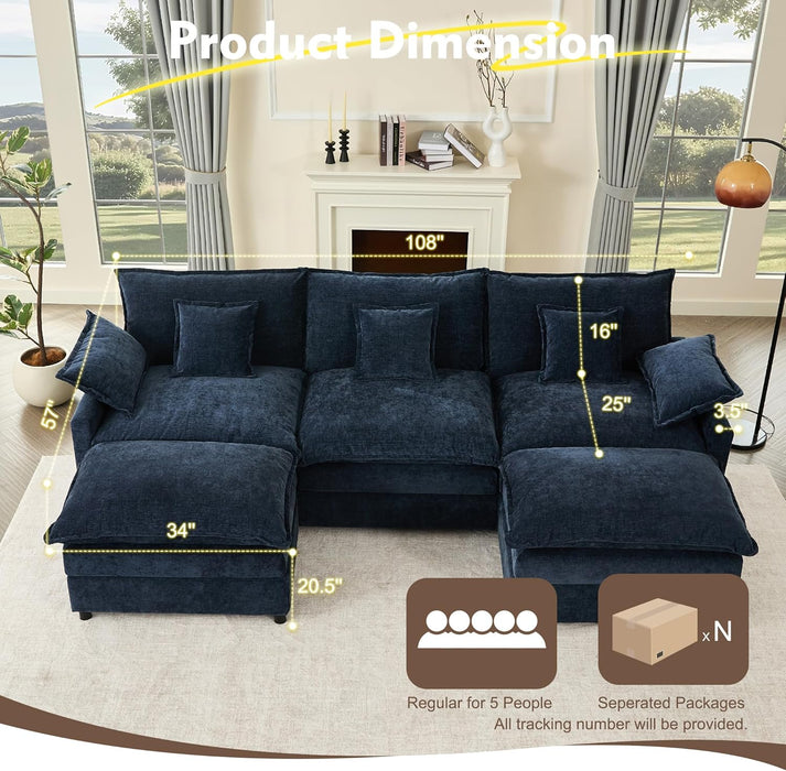 Navy Chenille Luxe 108-Inch-Long U Shaped Sectional