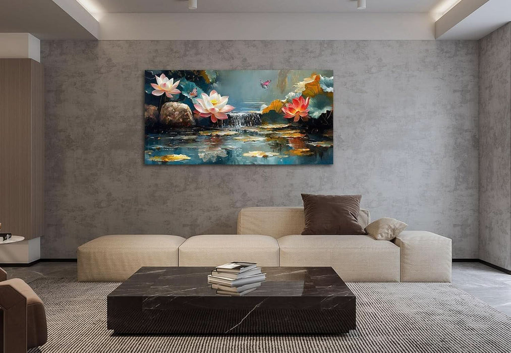 Lotus Canvas Wall Art for Living Room, Zen Yoga Wall Decor Landscape Painting Textured Artwork for Christmas Gift Spa Bedroom Hallway Kitchen Office Home Decor 58"X29"