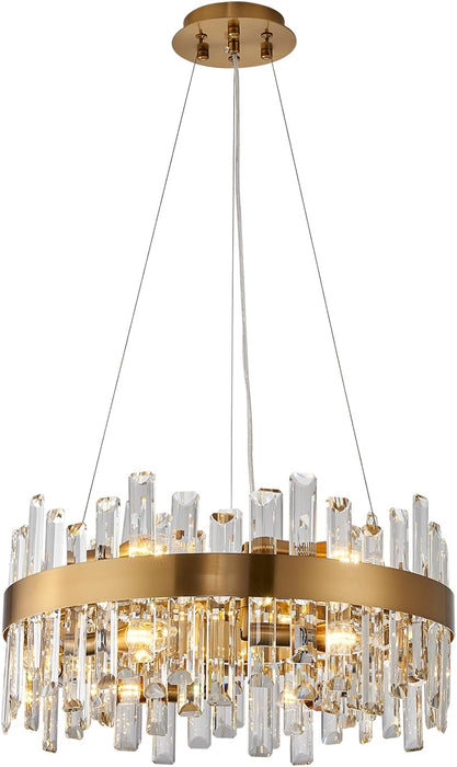 Modern Crystal Chandelier, 12-Light Brass Gold K9 Crystal Raindrop Chandelier, Adjustable Height Lighting Fixture for Living Room Dining Room Bedroom Kitchen Island Entry Foyer D19.7 Inch
