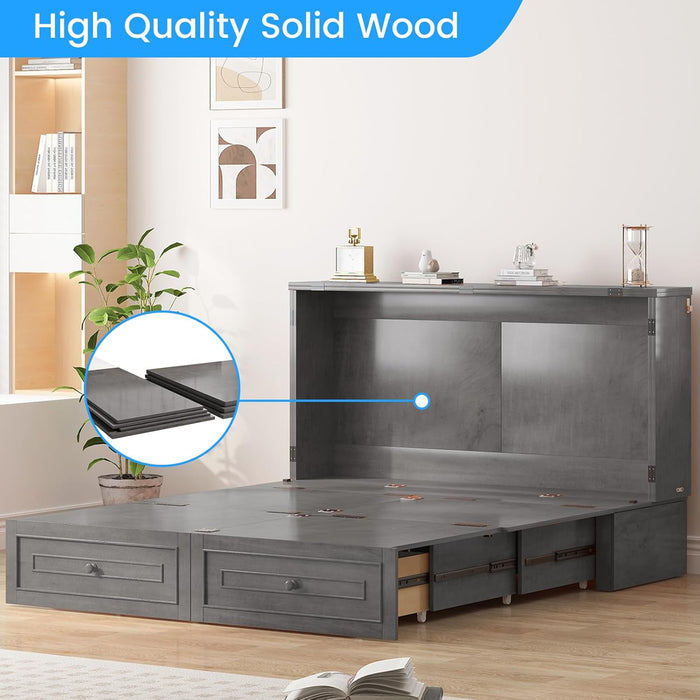 Queen Murphy Bed with Mattress Included - Solid Wood - Hideaway Chest Beds with 2 Storage Drawers, USB Charging Ports - Space Saving Murphy Cabinet Bed for Guest Room, Bedroom