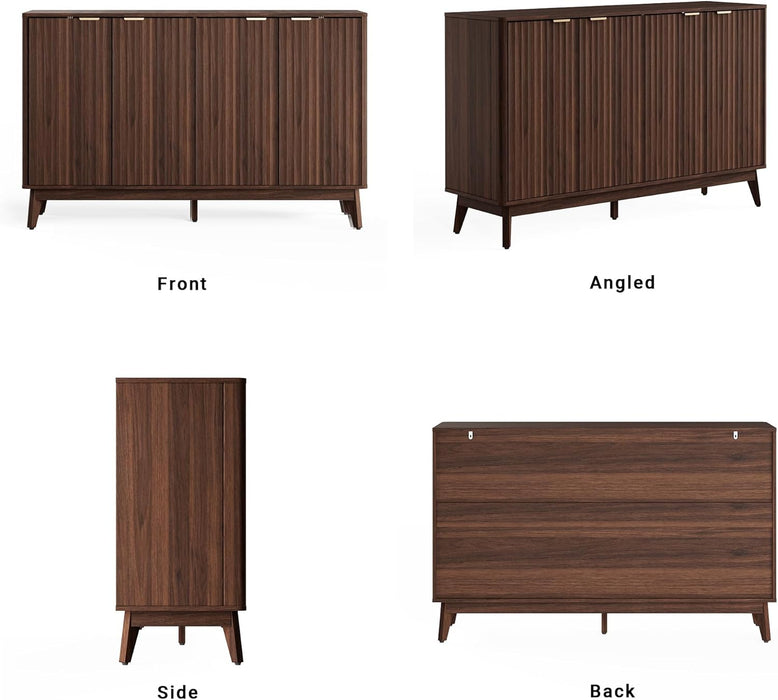 Walnut Fluted Sideboard Buffet Cabinet with Storage , 55In Large Wood Credenza Accent Cabinet for Living Room Entryway Dining Room, Media Console Table with Adjustable Shelves & Solid Wood Legs