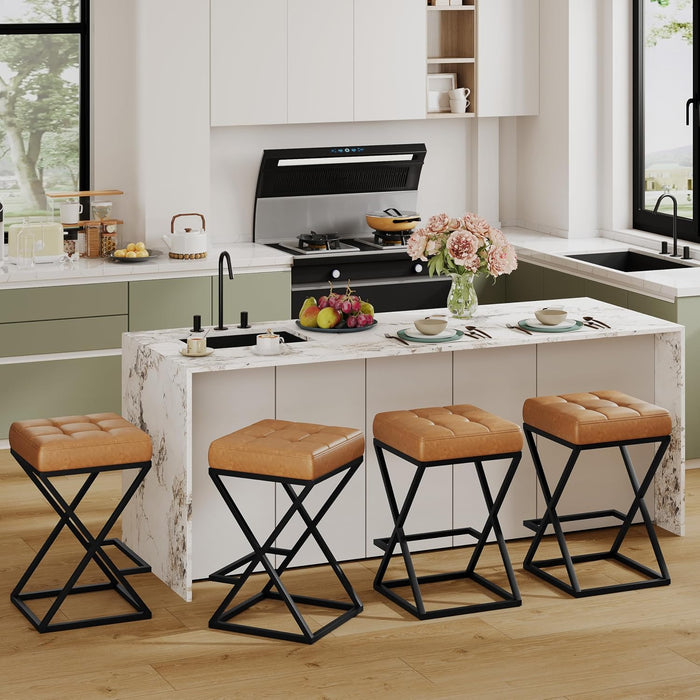 Backless Bar Stools Set of 2, 26 Inch Counter Barstools, PU Brown | Industrial Metal Bar Stools, Backless Faux Leather Seat, X-Frame Footrest,Space-Saving, 26" Counter Height, for Kitchen,Cafe