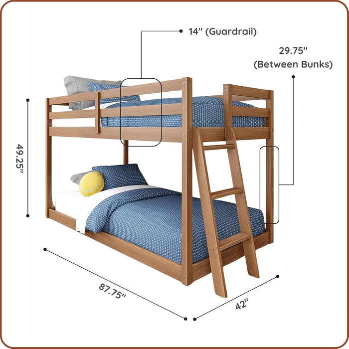 Twin Over Twin Low Bunk Bed OakEmbossedPecanFinish