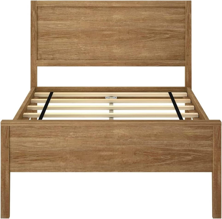 Twin Bed, Solid Wood Twin Bed Frame with Panel Headboard, Kids Twin Bed with Wood Slat Support, No Box Spring Needed, Pecan