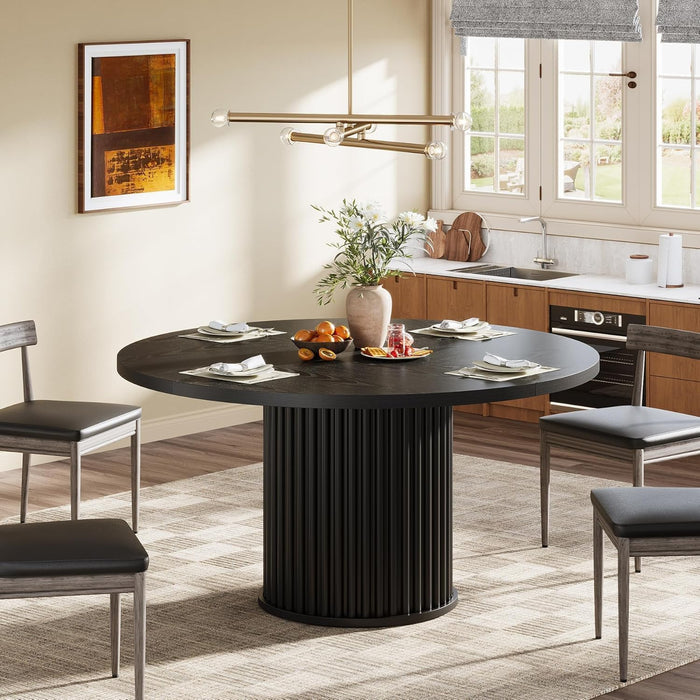 47.24-Inch Black round Dining Table for 4-6 People, Modern Fluted MDF + Metal Base Kitchen Table, Sturdy Circle Dining Room Furniture, Black
