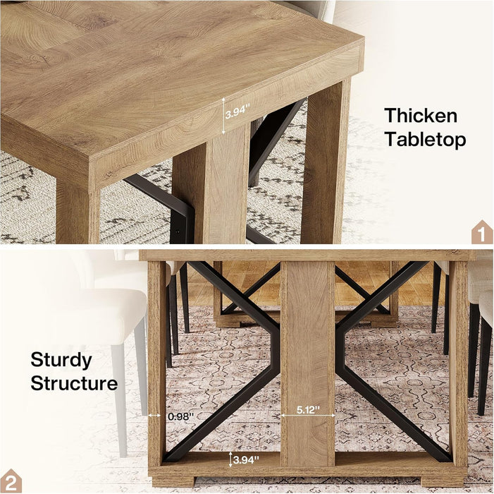 70.87" Rectangular Dining Table for 6-8 People, Farmhouse Wooden Kitchen Dinner Table with Strong Base for Dining Room, Kitchen, Living Room, Brown