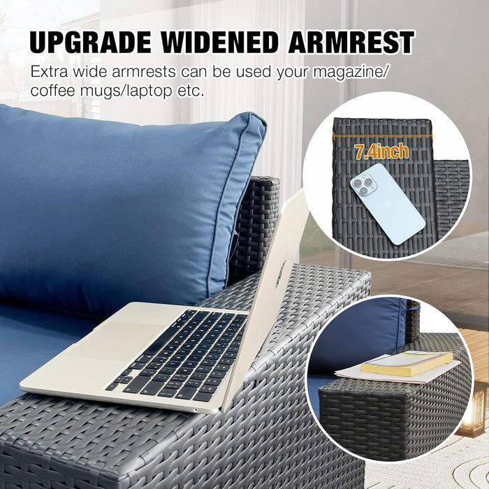 6 Pieces Patio Furniture Set All-Weather Outdoor Wicker Sectional Conversation Sofa Rattan Patio Seating Sofa with Cushion and Glass Table for Porch Poolside,Navy