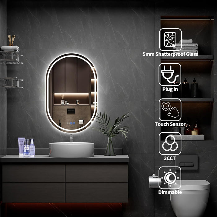 Oval LED Bathroom Mirror, 24"X 36" Frameless LED Mirror with Front Light and Backlit, Anti-Fog, Dimmable Modern Wall Mounted Lighted Mirror, Pill-Shaped Smart Mirror Bathroom