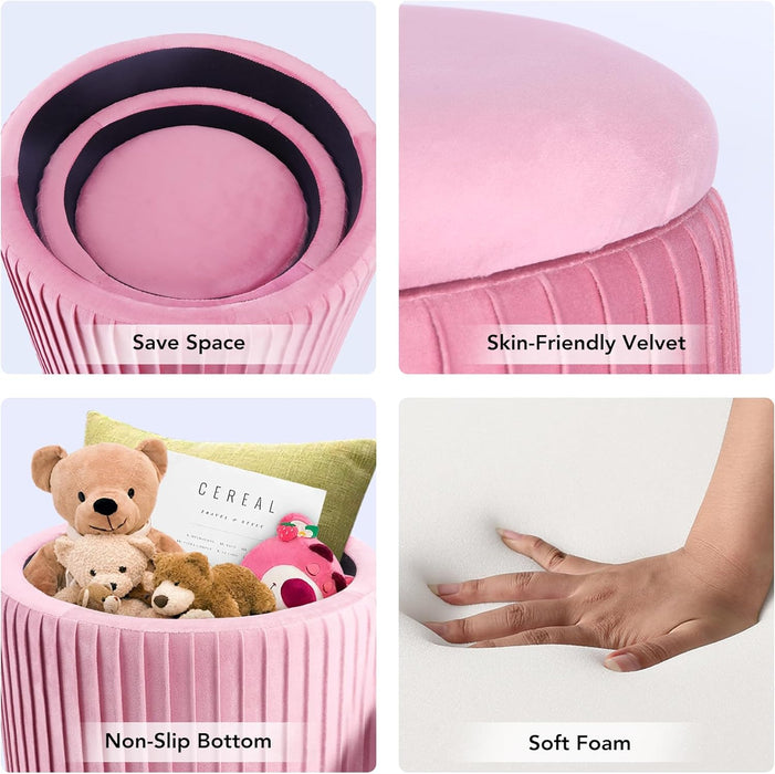 Ottoman Coffee Table,Round Ottoman with Storage Set of 3,Vanity Stool with Storage for Bedroom, Small Velvet Foot Stool for Living Room