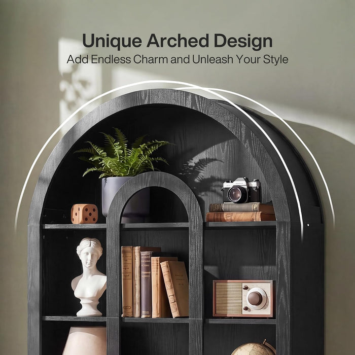 Tribesigns 71" Tall Bookshelf Set of 2, 5-Tier Black Arched Bookcase with Open Shelves, Vintage Free-Standing Display Shelves with Rustic Wood Finish for Living Room, Office, Bedroom