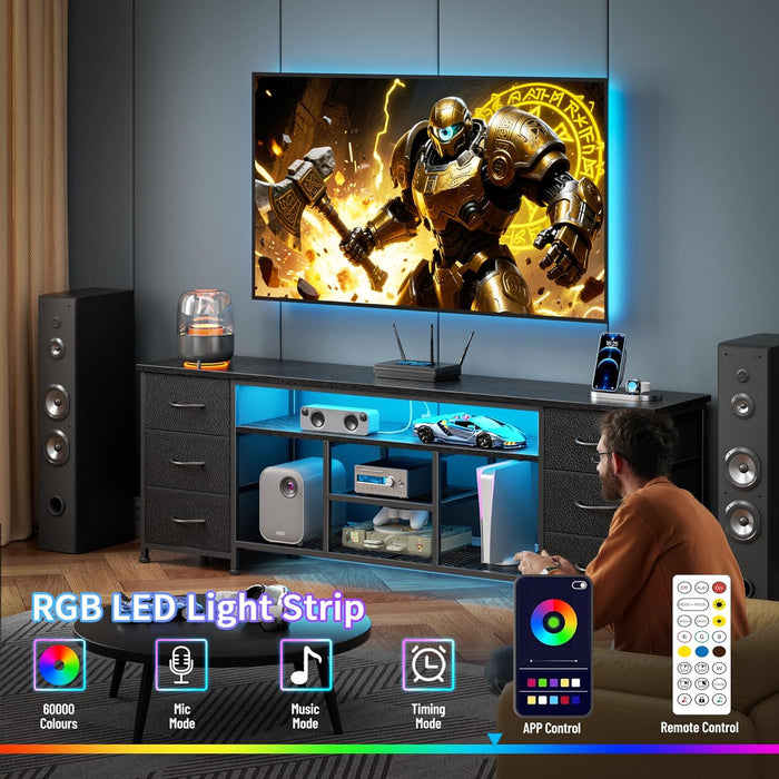 LED TV Stand for 65, 70, 80 Inch TV, 71 Inch Entertainment Center with Power Outlets, 6 Fabric Drawers Dresser for Bedroom, Media Console with Open Shelves, PU Leather Surface, Black