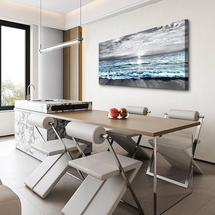 Black and White Beach Wall Painting - Canvas Wall Art for Living Room & Bedroom - Large Decor - Blue Ocean Sea Wave Landscape Pictures Artwork Posters Home Decor