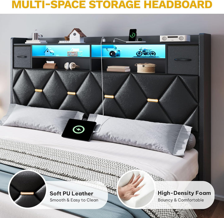 Queen Size Bed Frame with 2 Storage Drawers and Storage Headboard, Upholstered Platform with Charging Station and LED Light, No Box Spring Needed, Noise Free, Easy Assembly, PU Leather Black