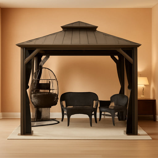 10' X 10' Hardtop Gazebo, Champagne Outdoor Aluminum Gazebo with Galvanized Steel Double Roof, Curtains and Netting for Patio Lawn and Garden