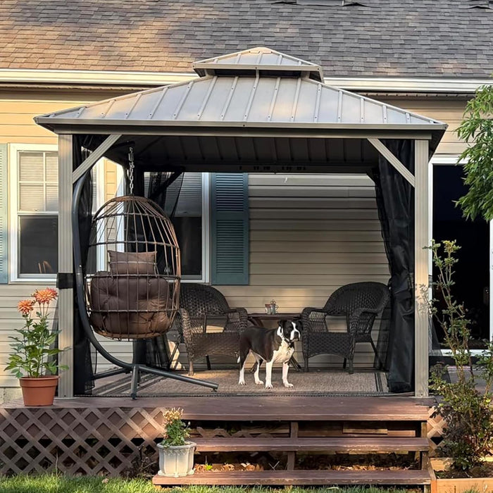 10' X 10' Hardtop Gazebo, Champagne Outdoor Aluminum Gazebo with Galvanized Steel Double Roof, Curtains and Netting for Patio Lawn and Garden