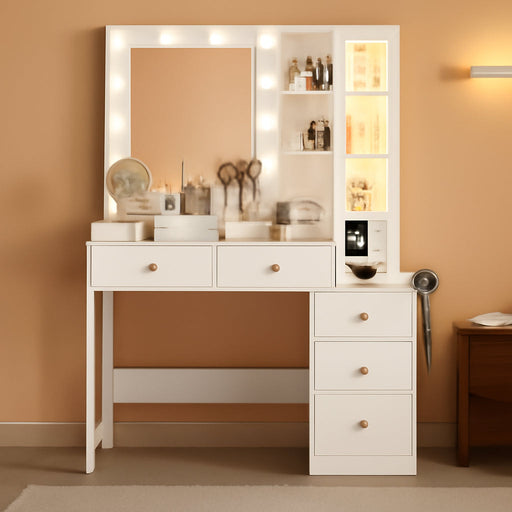 Vanity Desk with Mirror and Lights, White Makeup Vanity Mirror with Lights Desk with 5 Drawers, Jewelry Organizer& LED Glass Cabinet, 3 Light Mode Dressing Table Set for Girls, Women