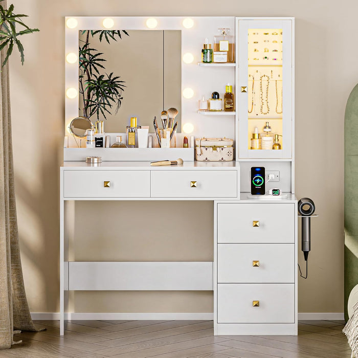 Vanity Desk with Mirror and Lights, White Makeup Vanity Mirror with Lights Desk with 5 Drawers, Jewelry Organizer& LED Glass Cabinet, 3 Light Mode Dressing Table Set for Girls, Women