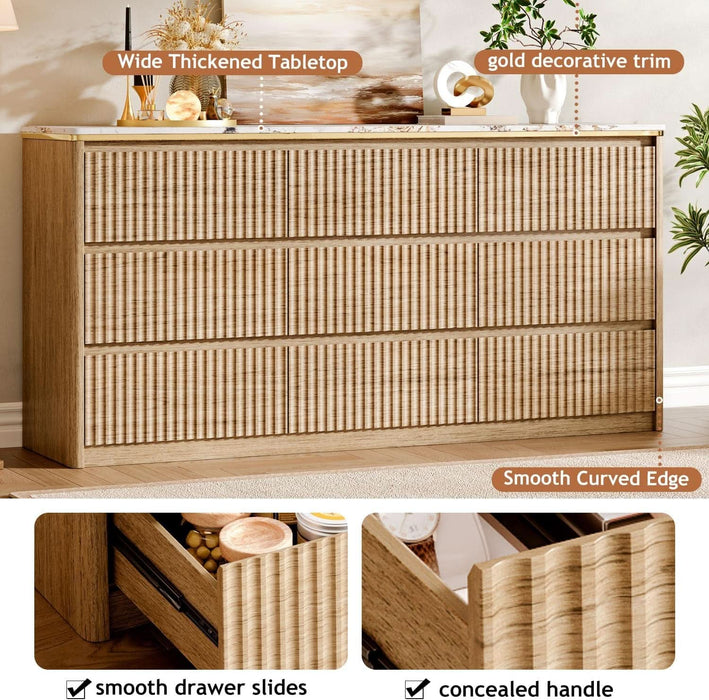 Fluted Dresser for Bedroom with 9 Drawers,62.99" Modern Chest of Drawers with Faux Marble Top, Curved Profile Design,Dresser TV Stand, Wood Drawer Organizer for Living Room, Hallway, Wood