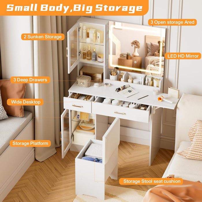Makeup Vanity with LED Lighted Mirror & Built-In Power Socket, Dressing Table with Single Cabinet & 2 Storage Drawers, Bedroom Vanity Desk Station with Matching Stool (052 White)