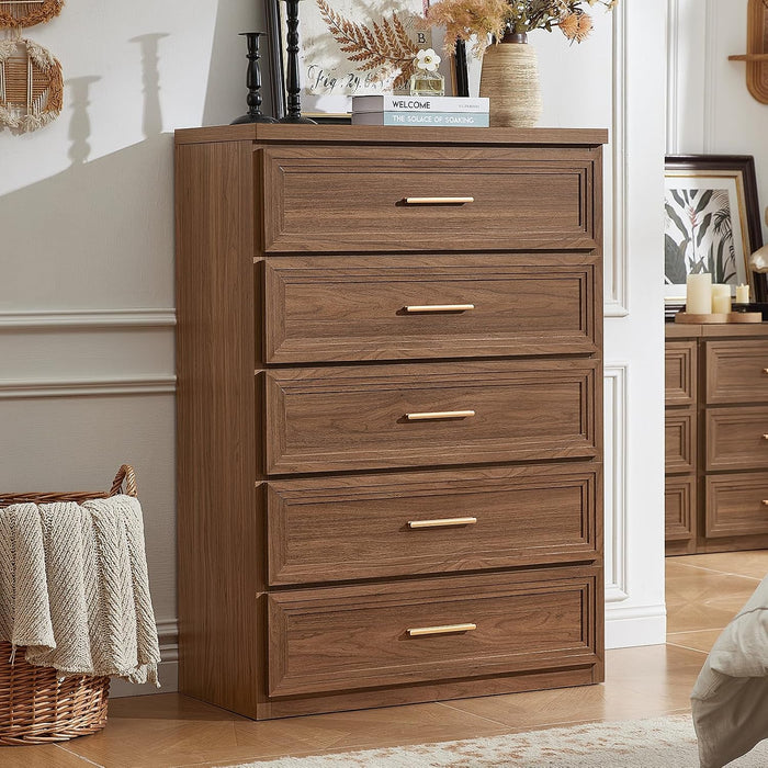 Dresser for Bedroom 5 Drawer 45" Tall with Gold Handle Closet Storage