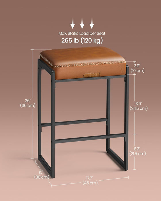 VASAGLE EKHO Collection - Bar Stools Set of 2, Counter Height Bar Stools, Synthetic Leather with Stitching, Mid-Century Modern, 26-Inch Tall, Kichen Home Bar Dining Room, Caramel Brown ULBC086K01V1