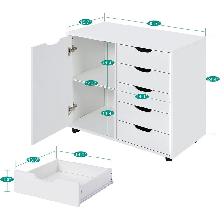 White Dresser with 5 Drawers & Wheels