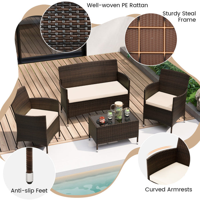 4 Pieces Comfortable Mix Brown Outdoor Rattan Sofa Set with Glass Coffee Table