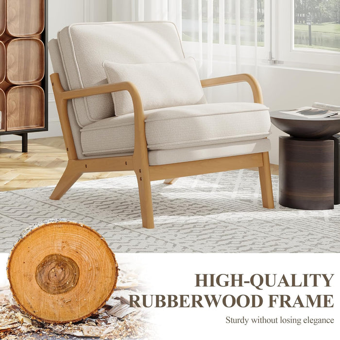 Beige Mid Century Upholstered Armchair Lumbar Pillow