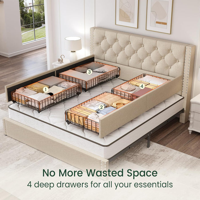 Queen Size Bed Frame with 4 Storage Drawers and Tufted Headboard Linen Upholstered Platform Bed Frame with Heavy Duty Wood Slats, No Box Spring Needed, Easy Assembly, Beige