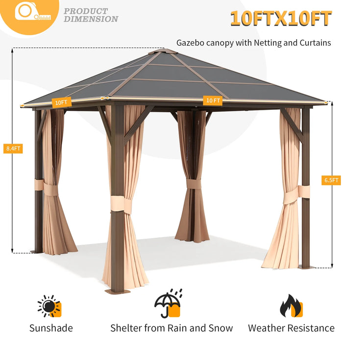 10X10 Outdoor Hardtop Gazebo, Polycarbonate Single Roof Patio Canopy with Curtains and Netting, Brown