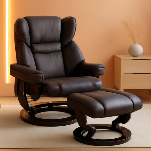 Massage Recliner Chair with Ottoman Footrest, 10 Vibration Points, 360° Swivel Reclining Chair, Faux Leather Living Room Chair with Side Pocket and Remote Control, Brown
