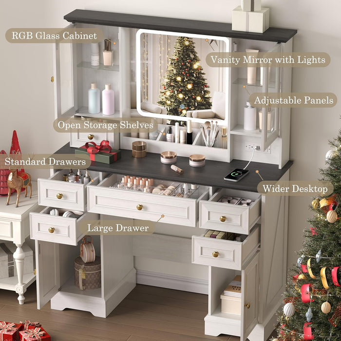 White Farmhouse Vanity Desk With Illuminated Mirror