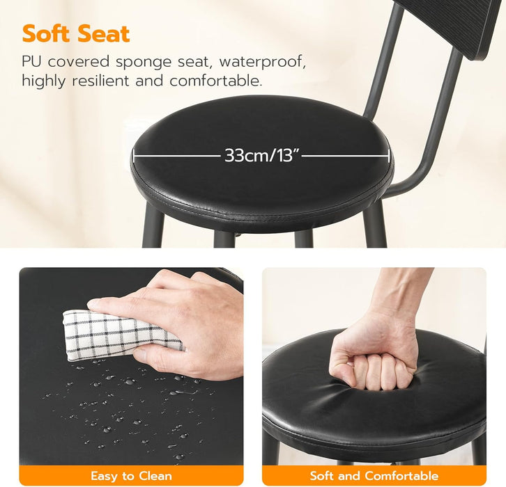 Bar Stools, Set of 2 Bar Stools with PU Upholstered, Bar Chairs with Footrest and Back, 26" Bar Stools for Kitchen Island, Dining Room, Easy to Assemble, Black BK31BY01G1