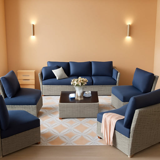 7-Piece Patio Furniture Set, Outdoor Patio Furniture with Thick Cushions, Modular Patio Sofa, Dual-Strand Wicker Rattan, Rust-Resistant Frame, Backyard Furniture for Garden, Deck, Navy Blue