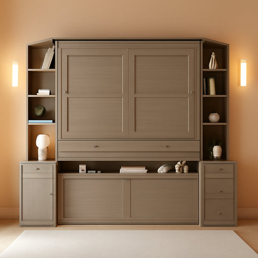 Queen Size Murphy Bed with Desk and Storage, Hidden Foldable Wall Bed with Foldout Workstation, Shelves and Cabinets for Space-Saving Home Office Guest Room, Gray