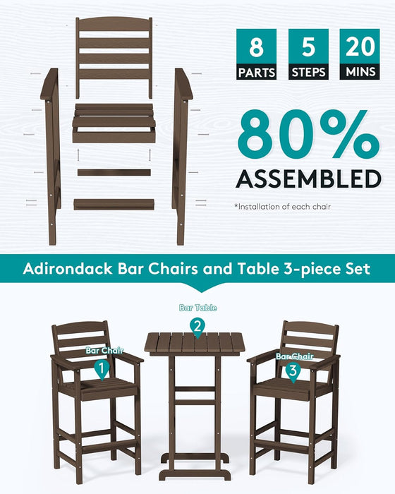 HDPE Outdoor Patio Bar Set, Tall Adirondack Bar Chair and Table Set (Coffee, 3 Pcs)