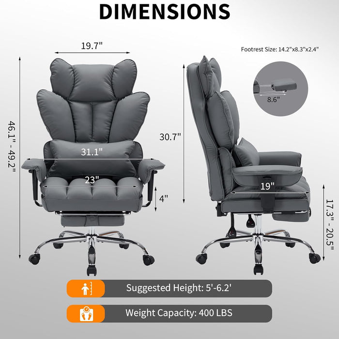Big and Tall Office Chair, Executive Leather Office Chair with Footrest, 400Lbs Ergonomic Gaming Chair for Adults, Wide Seat Computer Desk Chair with Lumbar Support, 150 Degree Reclining, Gray